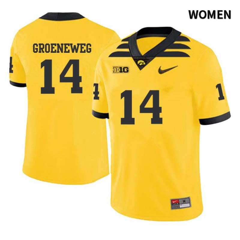 Women's Iowa Hawkeyes NCAA #14 Kyle Groeneweg Yellow Authentic Nike Alumni Stitched College Football Jersey GZ34W82JE